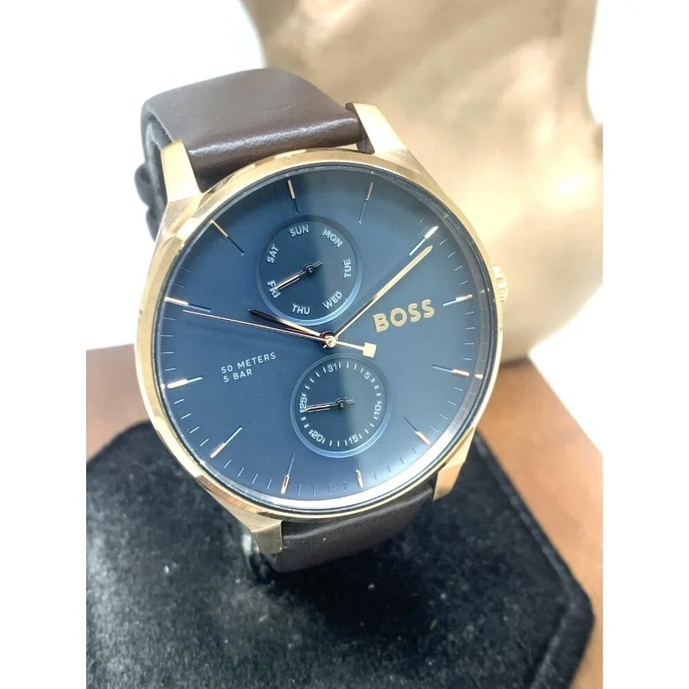 Hugo Boss Mens Watch 1514103 Tyler Quartz Rose Gold Blue Dial Brown Leather 43mm